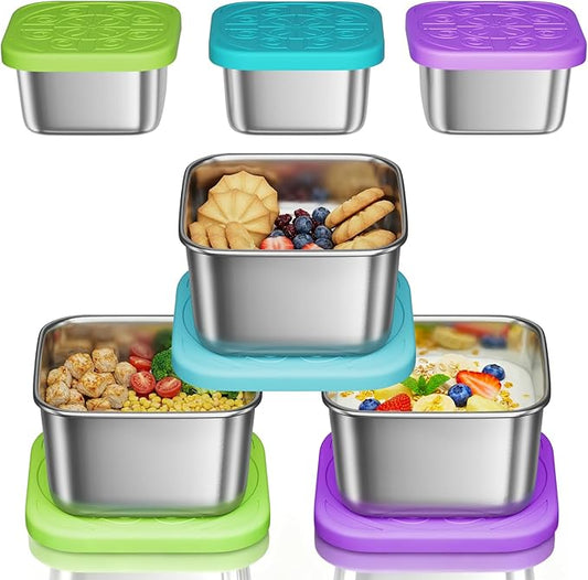 3 Pack 6oz Stainless Steel Snack Containers and 3 Pack 2oz Salad Dressing To Go Containers with Silicone Lids, Reusable Square Meal Prep Condiment Sauce Containers Lunch Box Accessories
