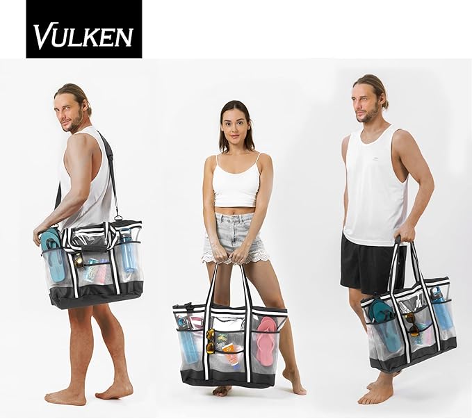 Vulken 42L Extra Large Mesh Beach Bag. 9 Pockets Top Zip Tote Bag Shoulder Bag