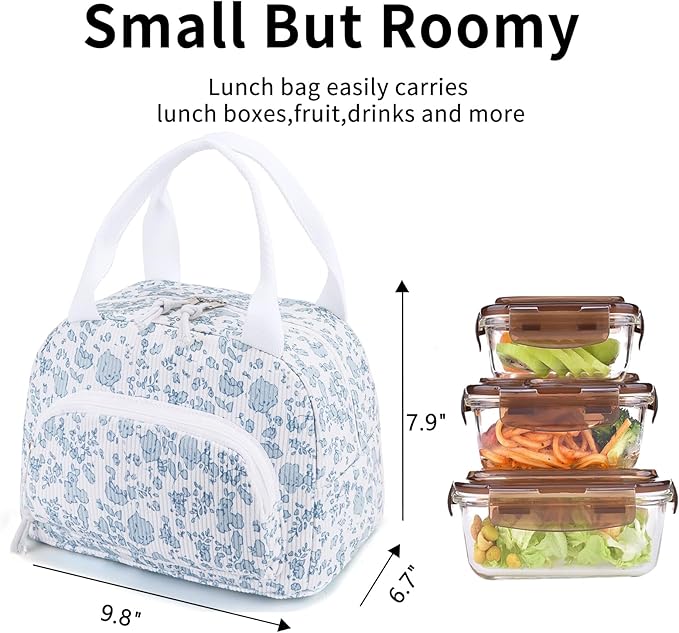 Lunch Bag Women Lunch Box for Women Adult Cute Insulated Lunch Bag Small Cooler Lunch Tote Bags for Work Picnic School (Blue-Floral)