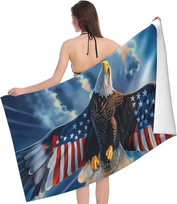 Microfiber Beach Towel, American Flag Eagle Beach Towels 32x52in,Quick Dry, Sand Free, Ultra Soft & Oversized Towel for Travel, Bathroom, Swimming - Ideal for Pool, Camping, Yoga, or Gift Decor