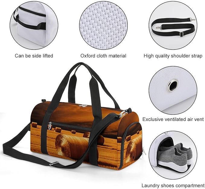 Oxford Cloth Hay Bales Gym Bag,Duffle Bag with Shoes Compartment And Adjustable Shoulder Straps，Weekender Bags for Men Women.