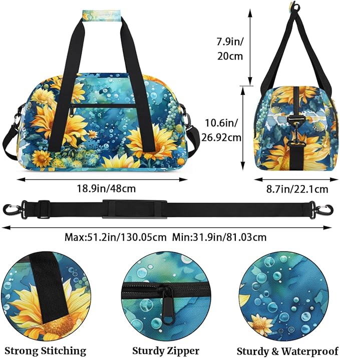 Blue Ocean Sunflower Gym Travel Duffle Bag for Women & Men with Front Zipper Pocket for Sports, Overnight, Weekender, Carry On,Workout & Dance Bag,Flower Sunflower,18.9 * 8.7 * 10.6 in