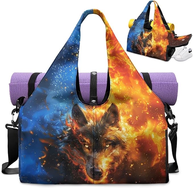 Flame Wolf Sports Duffle Bag with Shoe Compartment for Men Portable Gym Bag with Wet Pocket Waterproof Fitness Workout Bags with Yoga Mat Holder Travel Overnight Weekender Shoulder Bag