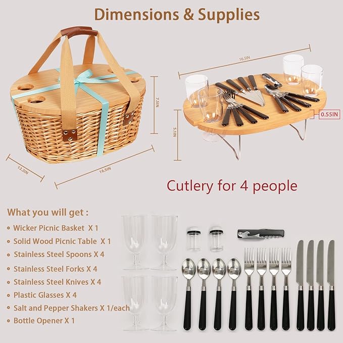 Hap Tim Wicker Picnic Basket Set for 4 with Mini Folding Wine Picnic Table & Large Insulated Cooler Bag & Cutlery Service Kits for 4 Person, Couples Gifts, Wedding Gifts (Y2209-4-GR)
