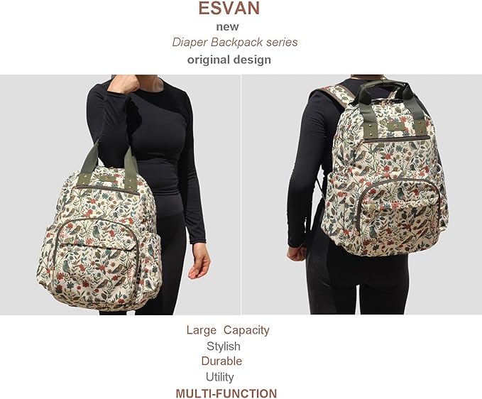 Diaper Bag Backpack, Large Capacity Multifunction Baby Essentials Fashion Travel Pack Linen Canvas office Laptop Bag (Corduroy Leaf Bird)