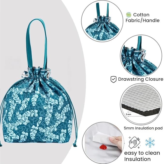 Reusable Small Lunch Bag,Drawstring Lunch Bag,Insulated Handbag Tote bag with Handle (Broadleaf Blue)