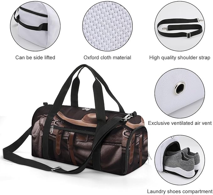 Oxford Cloth Horse Saddle with A Cowboy Hat Wild Gym Bag,Duffle Bag with Shoes Compartment And Adjustable Shoulder Straps，Weekender Bags for Men Women.