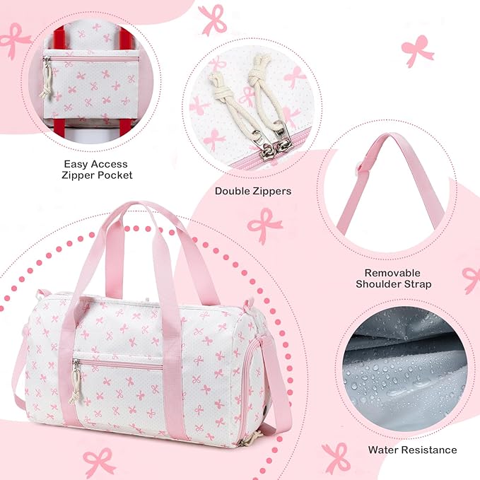 Gym Bag Duffle Bag with Wet Pocket Weekender Overnight Sports Duffels with Shoe Compartment for Girls Kids Women Travel Dance Cheer Bags (Pink Bow Pattern)