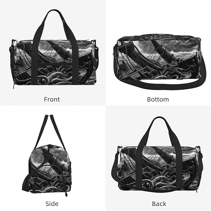 Sports Gym Bag Octopus Pirate Ship Travel Duffel Bag With Shoe Compartment Shoulder Strap, Lightweight Water-Resistant Weekend Overnight Totes For Women Men