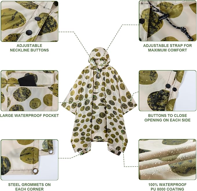 Hooded Rain Poncho for Adults - Waterproof Rain Coat and Lightweight Jacket 3-in-1 Multi-Function with Pockets