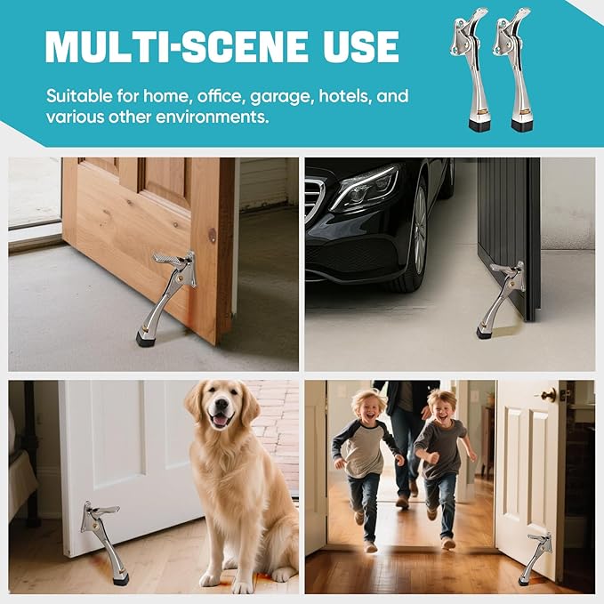 Kickdown Door Stopper 5 Inches - 2 Packs Door Stoppers for Bottom of Door One Touch Adjustable Door Stop，Made of Aluminum Alloy Metal Heavy Duty Door Stops with Rubber Tip Satin Nickel