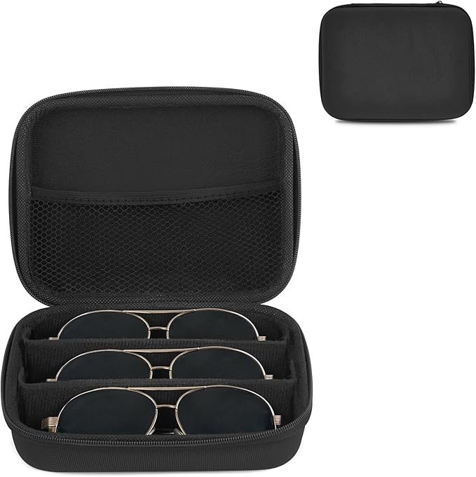 Mkono Travel Sunglasses Organizer Glasses Case Multiple Pairs with Adjustable Slots Eyeglasses Case Storage Box for Men (3 Slots, Black)