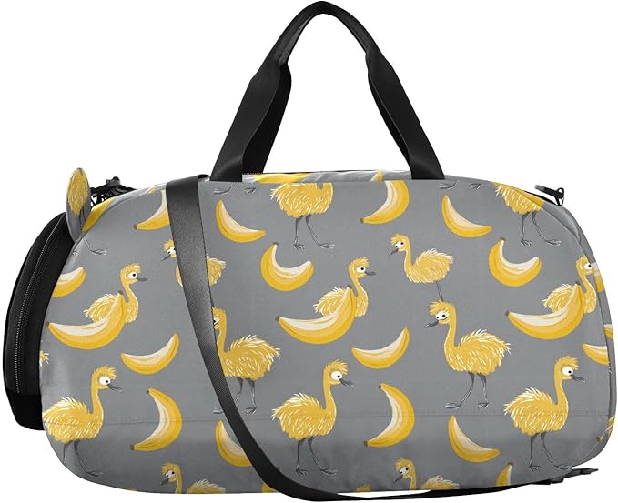 Childish Emu Bananas Yellow and Gray Girl's Gym Duffel Bag with Shoes Compartment Lightweight Gymnastics Sports Bag for Travel, Swimming, Dance, Ballet bolsa de viaje para mujer