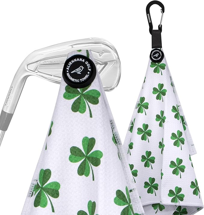 Magnetic Golf Towel, Microfiber Waffle Design with Clip - Industrial Strength Magnet for Strong Hold to Golf Bags, Carts Clubs (Lucky Clover)