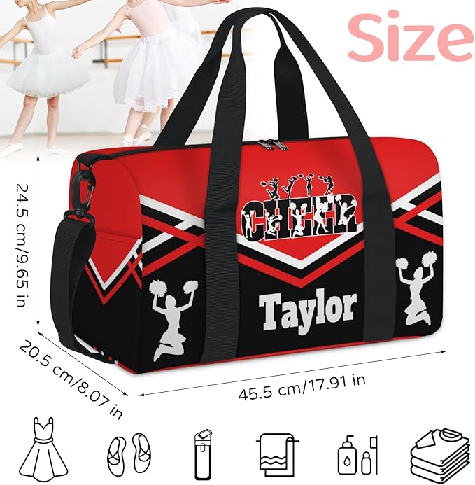Custom Name Sports CHEER Bag for Teens, Personalized Gym Travel Weekender Tote Carry-On Bag, Red with Black Cheerleader Team