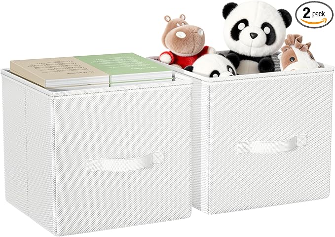 Cube Storage Bins, 11 Inch Fabric Organizers with Handles - Foldable Collapsible Storage Cubes for Shelves, Bedroom, Closet, Cabinet, Bookcase, or Office (White, Pack of 2)