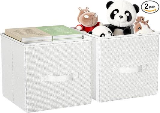 Cube Storage Bins, 11 Inch Fabric Organizers with Handles - Foldable Collapsible Storage Cubes for Shelves, Bedroom, Closet, Cabinet, Bookcase, or Office (White, Pack of 2)