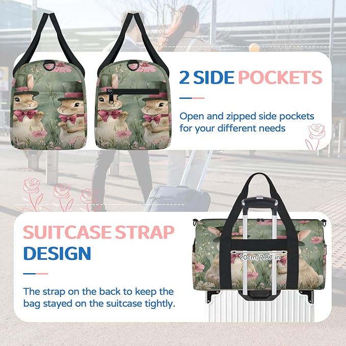 Easter Flowers Rabbits Travel Duffle Bag for Women Men, Overnight Weekender Bag, Carry on Tote for Sport Gym