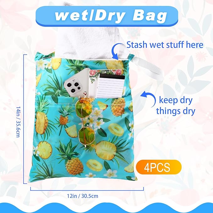 Frienda 4 Pieces Wet Dry Bag for Baby Waterproof Reusable Washable Diaper Bag Sealed with Handle for Travel, Beach, Swimsuit, Diapers, Dirty Gym Clothes and Toiletries (Plant)