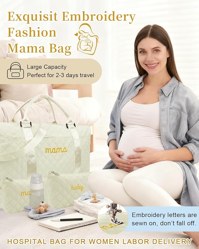 Mama Baby Pregnancy Hospital Bag Essentials for Women Labor Delivery Diaper Organizer with Shoe Compartment,2 Waterproof Toiletry Pouch Travel Duffle Bag for Mommy Weekender Overnight Gym Gifts,Beige