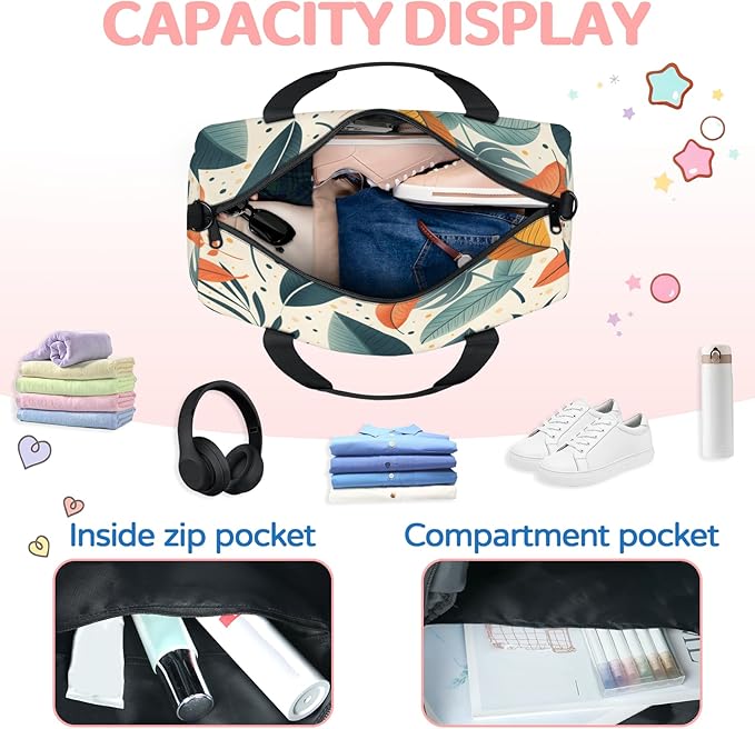 Leaf Travel Duffle Bag for Women Men, Overnight Weekender Bag, Carry on Tote for Sport Gym