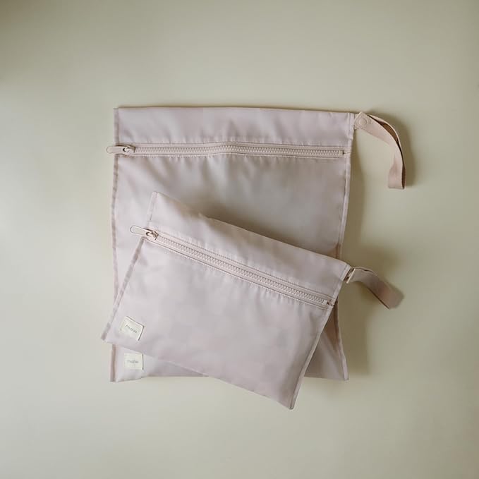 mushie Water Resistant Wet Bags | Large & Small Reusable Storage Bag for Baby Items and Travel | Zippered Pockets with Handle | Machine Washable, Set of 2 (Blush)