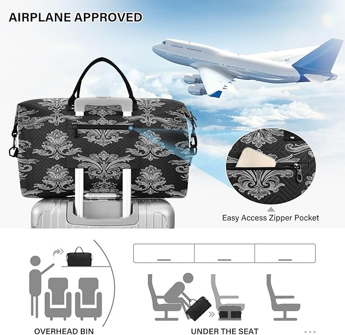 Black Damask Baroque Floral Travel Duffle Bag Gym Yoga Carry on Bags for Men Women Weekender Bag