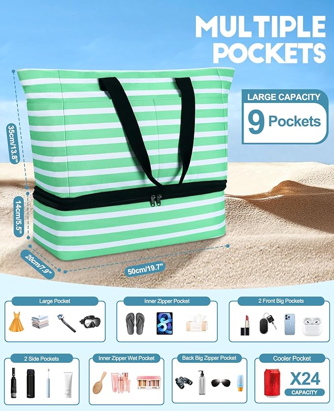 ISEYOU Beach Bag with Cooler, 49L Large Family Beach Tote with Zipper, Waterproof Sandproof Beach Bags for Women and Men, Foldable Lightweight Travel Bag for Pool, Picnic, Gym