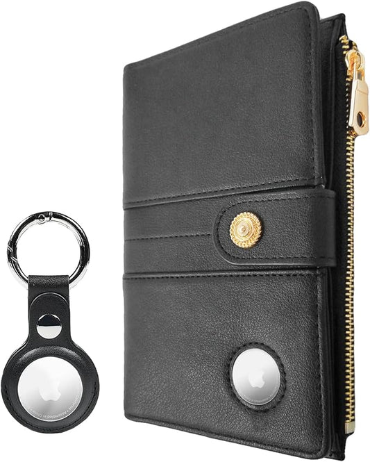 elzama Women's RFID Blocking Passport Wallet, Black with Airtag Holder, Includes Keychain & Pen Holder, Zippered, 11 Pockets, Faux Leather, Slim