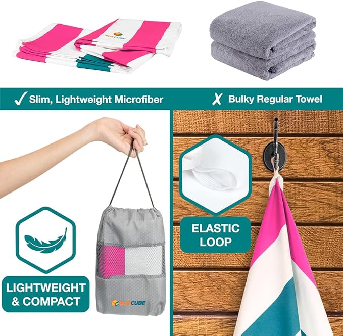 SUN CUBE Microfiber Beach Towel, Quick Dry Sand Free Beach Towel, Lightweight Compact Travel Swim Towel for Pool, Camping, Sand Resistant Packable Adult Towel - Pink 78x35 Inches