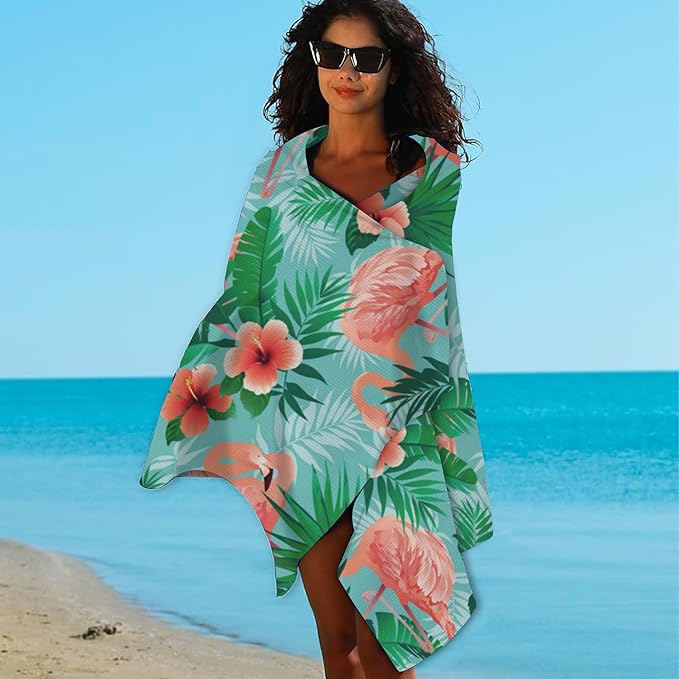 Flamingos Beach Towel,Tropical Pink Flamingos and Jungle Palm Leaves Lightweight Compact Sand Free Quick Dry Oversized Pool Swimming Towels for Girls Women Adults,29.5"×59"