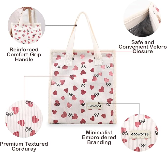 TELLUMO Corduroy Lunch Bag for Women Men Cute Lunch Bag Insulated Lunch Box with Large Capacity (7.5L) Reusable Lunchbag for Work, Picnic, Beach or Travel (S- Corduroy Love)