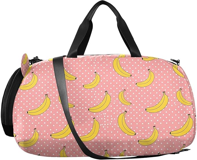VIGTRO Bananas Polka Dots Pattern Kids Overnight Travel Duffel Bag Sport Gym Bag for Boys Girls with Shoe Compartment, Carry On Weekender Luggage Bag for Dance Swim Yoga