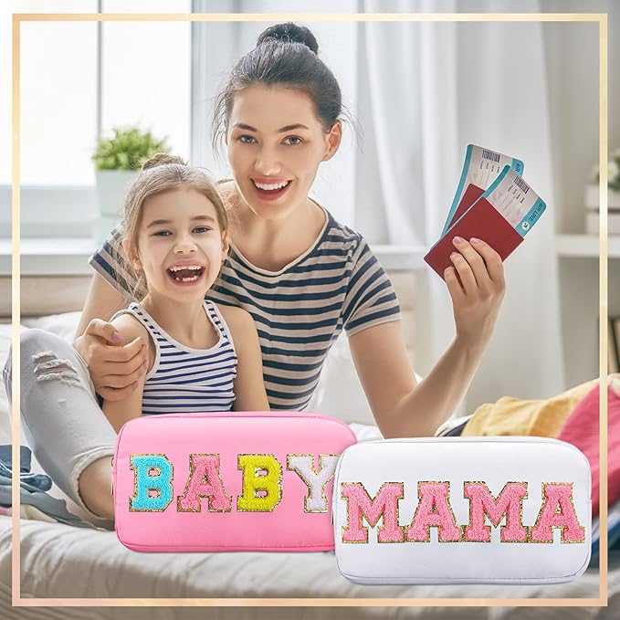 Sanwuta 2 Pieces Mama Gifts Makeup Bag Mom Pouch Birthday Gifts Nylon Cosmetic Bag Mothers Day Appreciation Toiletry Preppy Patch Chenille Letter for Women Her New Mom(White, Pink,Baby and Mama)