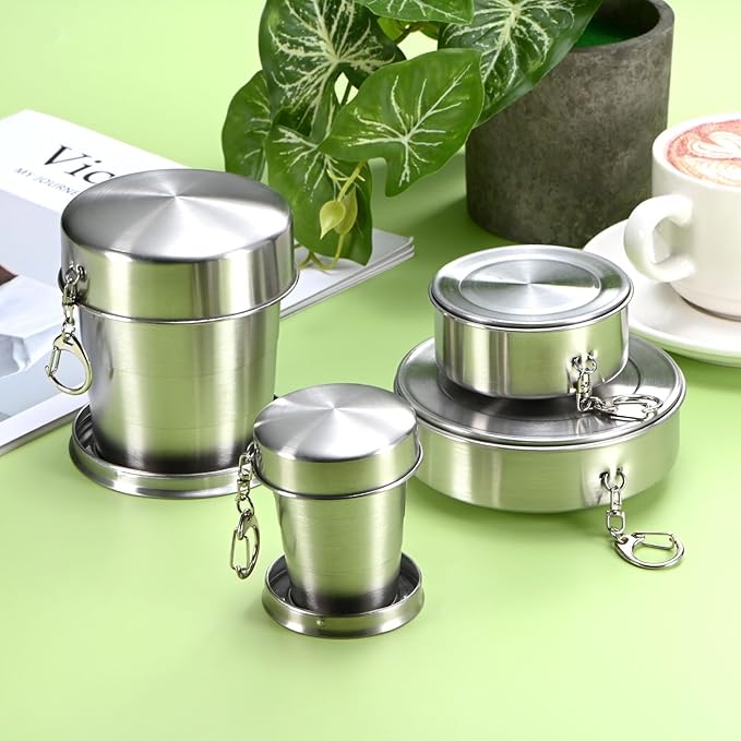 2 Pack Stainless Steel Collapsible Travel Cup, 2.4/5oz Reusable Collapsible Metal Cup Portable Foldable Water Bottle with Lid and Keychain for Travel/Camping/Hiking