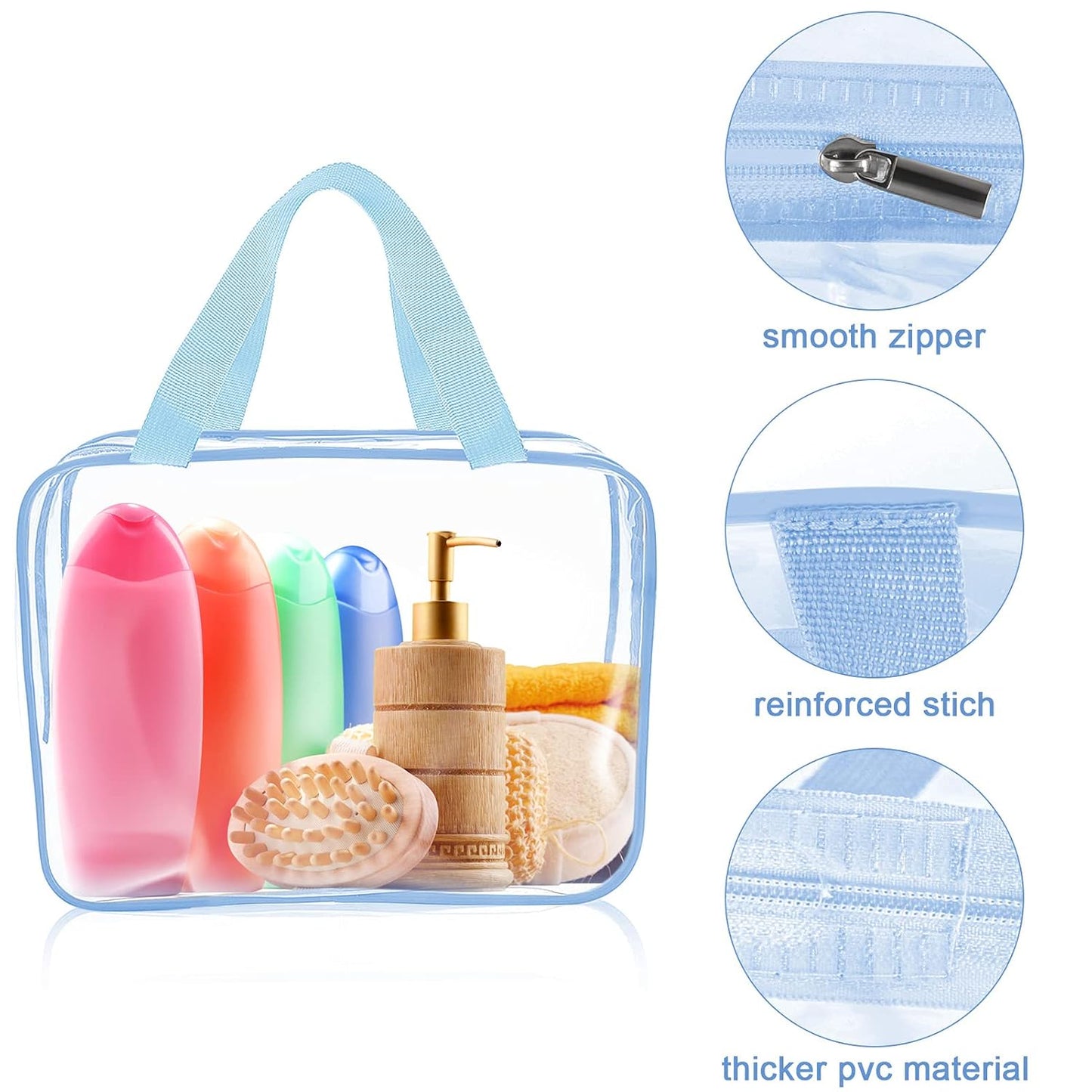 APREUTY Clear Makeup Bags, TSA Approved 6 Pcs Cosmetic Makeup Bags Set Clear PVC with Zipper Handle Portable Travel Luggage Pouch Airport Airline Vacation Organization (Haze Blue)