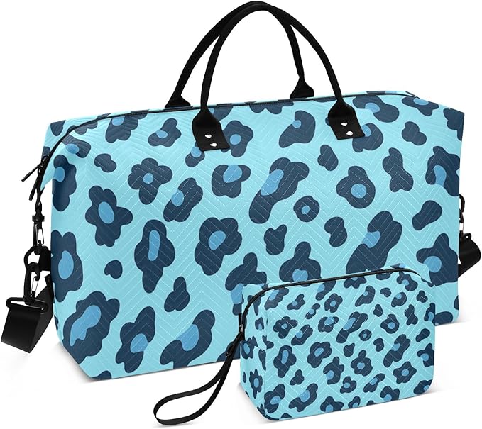 Travel Duffle Bag, Leopard Blue Pattern Gym Bag with Storage Bag Weekender Overnight Bag for Men Women Trip Sports Yoga