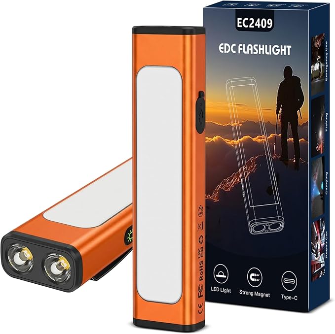 Pocket Flashlight, 1200 Lumens Rechargeable EDC Flashlight with Clip, USB-C Port, 3 Modes Waterproof Warning Light for Working, Camping, Repairing, Emergencies (Orange, 1PCS)