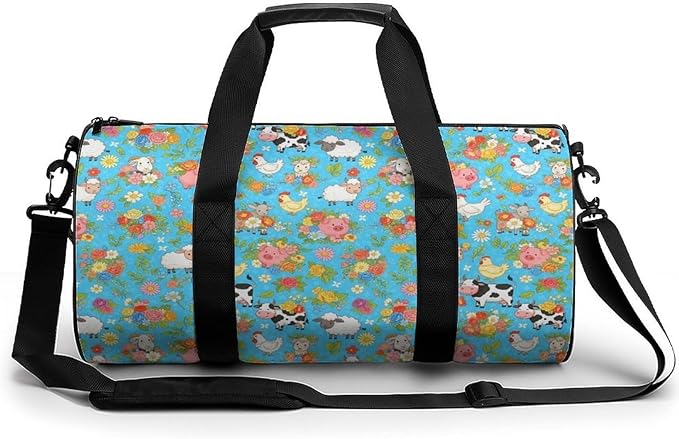 Foldable Gym Bag Farm Animals Cow Sheep Goat Chick Floral Lightweight Travel Sports Bag Carry On Weekender Overnight Bags Beach Yoga Bags