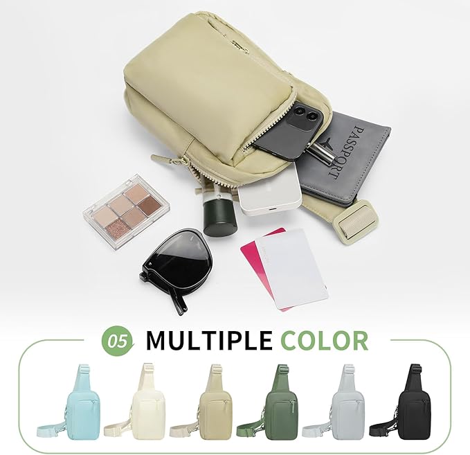 Mini Sling Bag for Men Women, Small Travel Fanny Packs Crossbody Anti Theft Reversible Nylon Chest Bag for Running Hiking (Khaki)