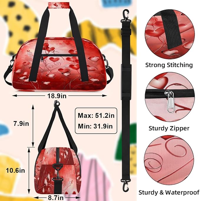 Red Heart Floral Pattern Sports Duffel Bags, Water-Resistant Gym Duffle Bag for Men Women, Lightweight Weekender Overnight Bag for Fitness, Workout, Travel
