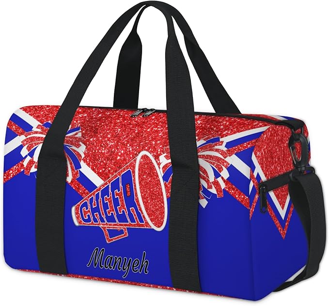 Custom Named Cheer Dance Ballet Bag, Cheerleading Gym Sports Travel Duffle Bag Men Tote Carry On Weekend Sports Travel, Red Glitters Royal Blue