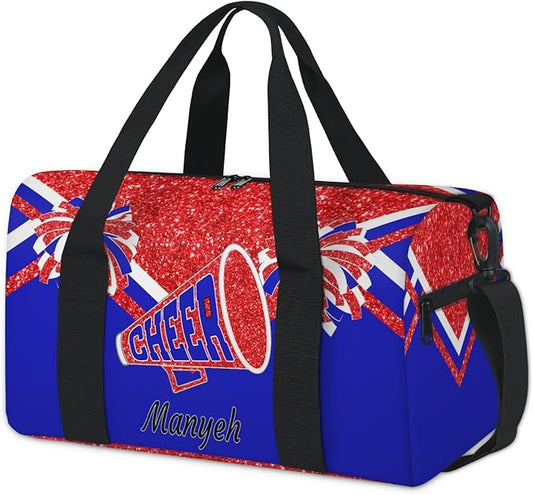 Custom Named Cheer Dance Ballet Bag, Cheerleading Gym Sports Travel Duffle Bag Men Tote Carry On Weekend Sports Travel, Red Glitters Royal Blue