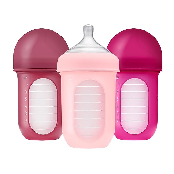 Boon Nursh Bottles - Silicone Baby Bottles Help Ease Colic Symptoms - Reusable Food-Grade Silicone Pouches with Polypropylene Shell - Medium Flow - 8 Oz - Pink