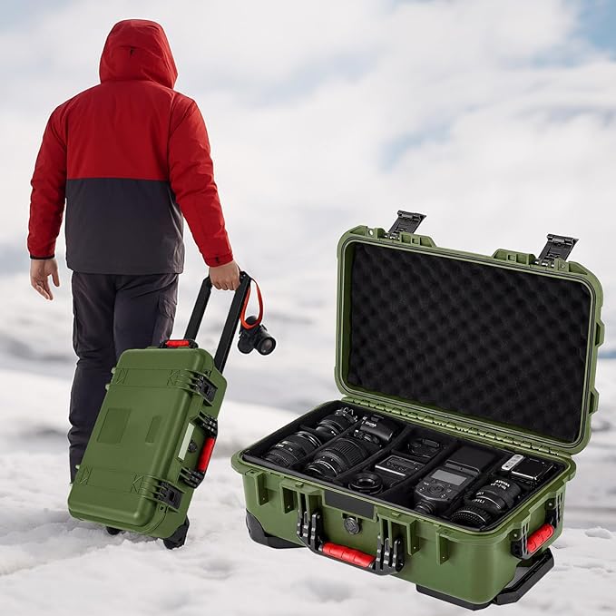 Waterproof Rolling Camera Hard Case 22x14x9 Inch, Impact-resistant Travel Case with Padded Dividers & Wheels for Cameras, Lenses & Accessories(Military Green)