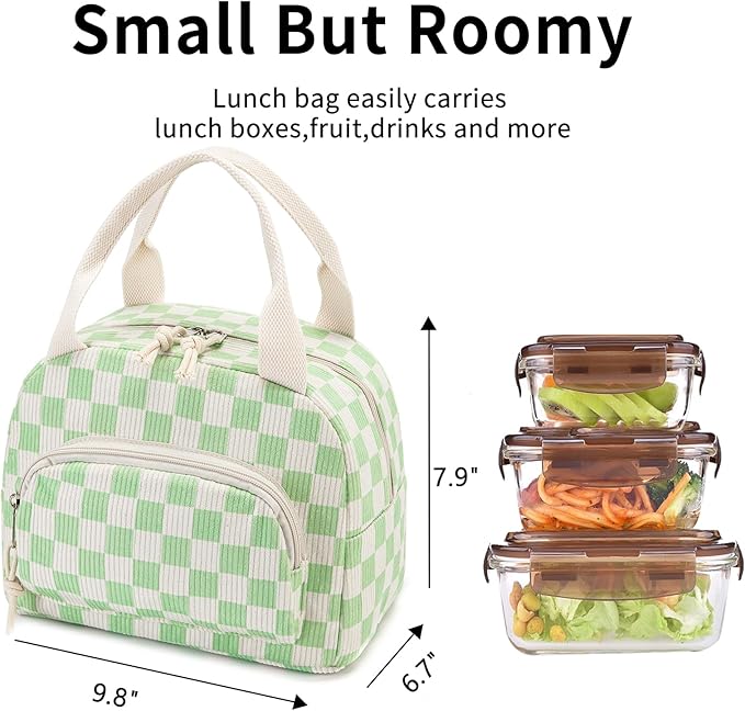 Lunch Bag Women Lunch Box for Women Adult Cute Insulated Lunch Bag Small Cooler Lunch Tote Bags for Work Picnic School (Beige-Light Green Plaid)