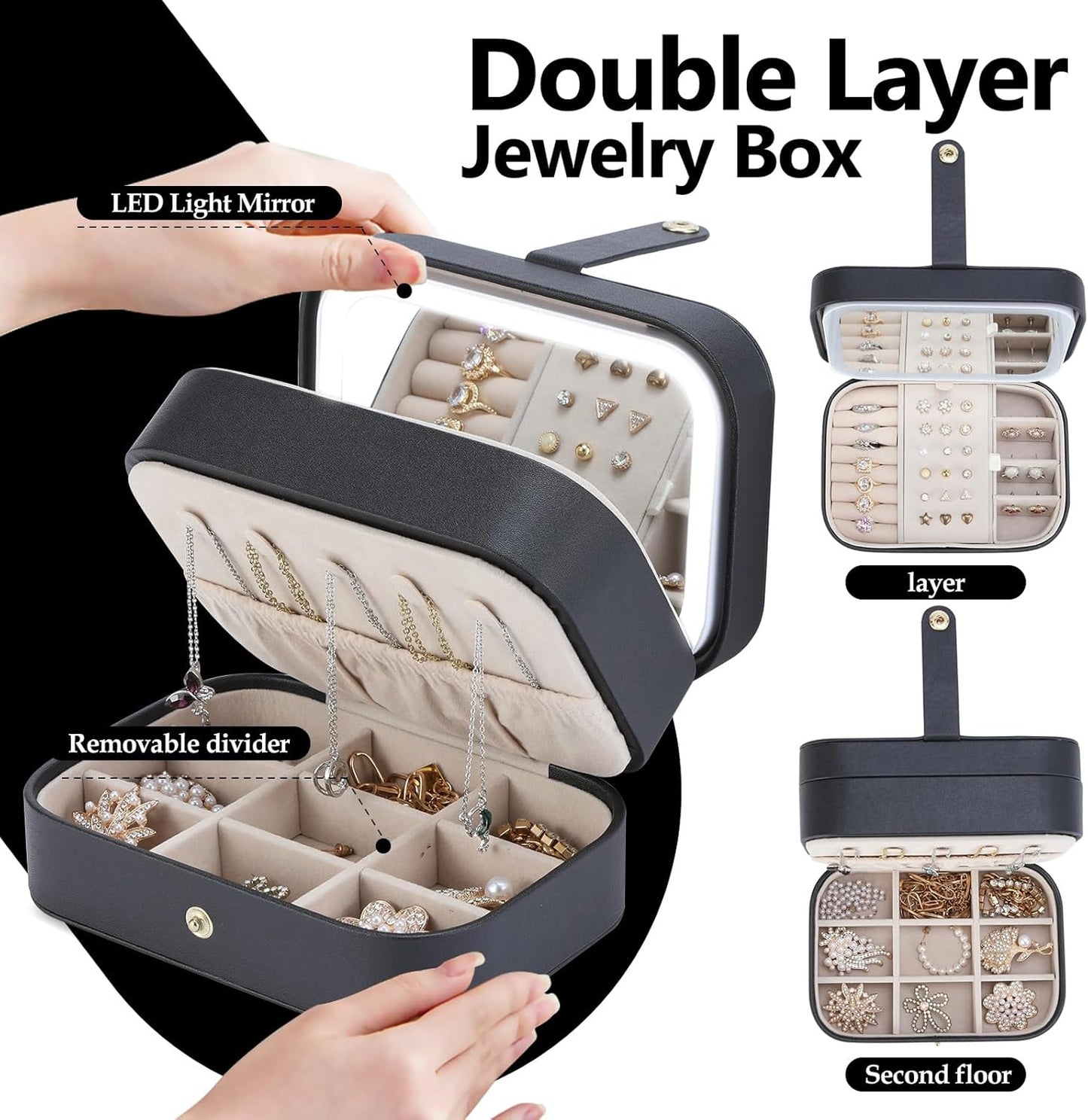 Travel Jewelry Case with LED Lighted Mirror, Portable Travel Jewelry Organizer, 2-Layer Jewelry Box for Earrings Necklace Bracelet Rings, Birthday Gifts for Women Girls Kids (Black)