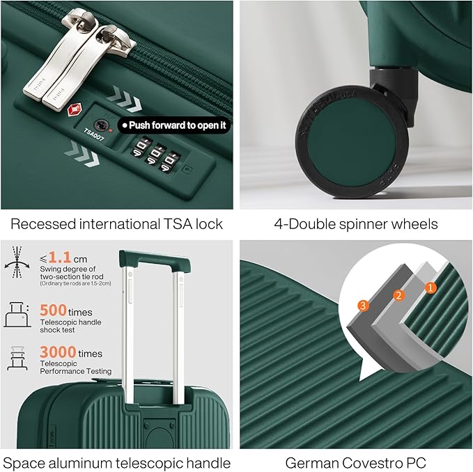 mixi Checked Luggage with Cup Phone Holder Hard Shell Rolling Travel Suitcases with Spinner Wheels,24 Inch Blackish Green