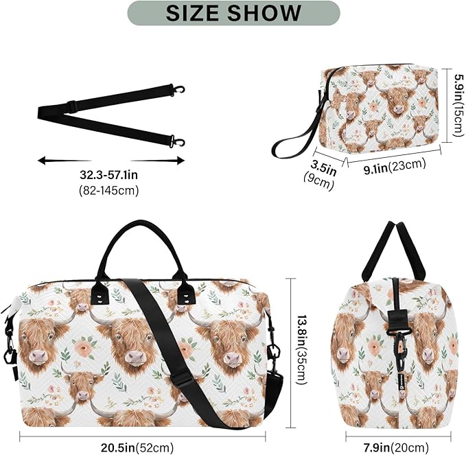 Watercolor Floral Highland Cows Pattern Travel Duffle Bag Gym Yoga Carry on Bags for Men Women Weekender Bag
