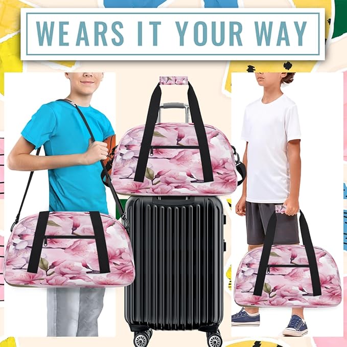 Gym Bag for Women Men, Pink Cherry Blossom Pattern Travel Duffle Bags for Dance Ballet Overnight, Carry-On Weekender Bag with Detachable Shoulder Strap